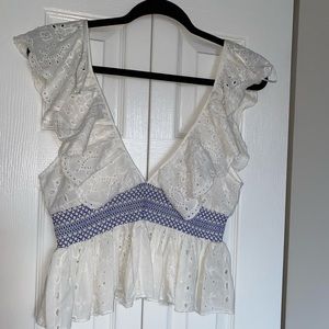 White baby doll top w/ blue detail